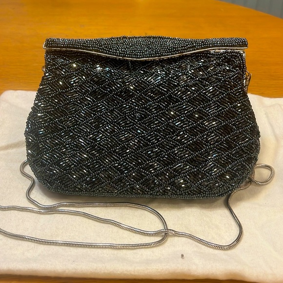 Beaded evening bag with removable chain, pristine condition gun metal gray 90’s - Picture 2 of 5